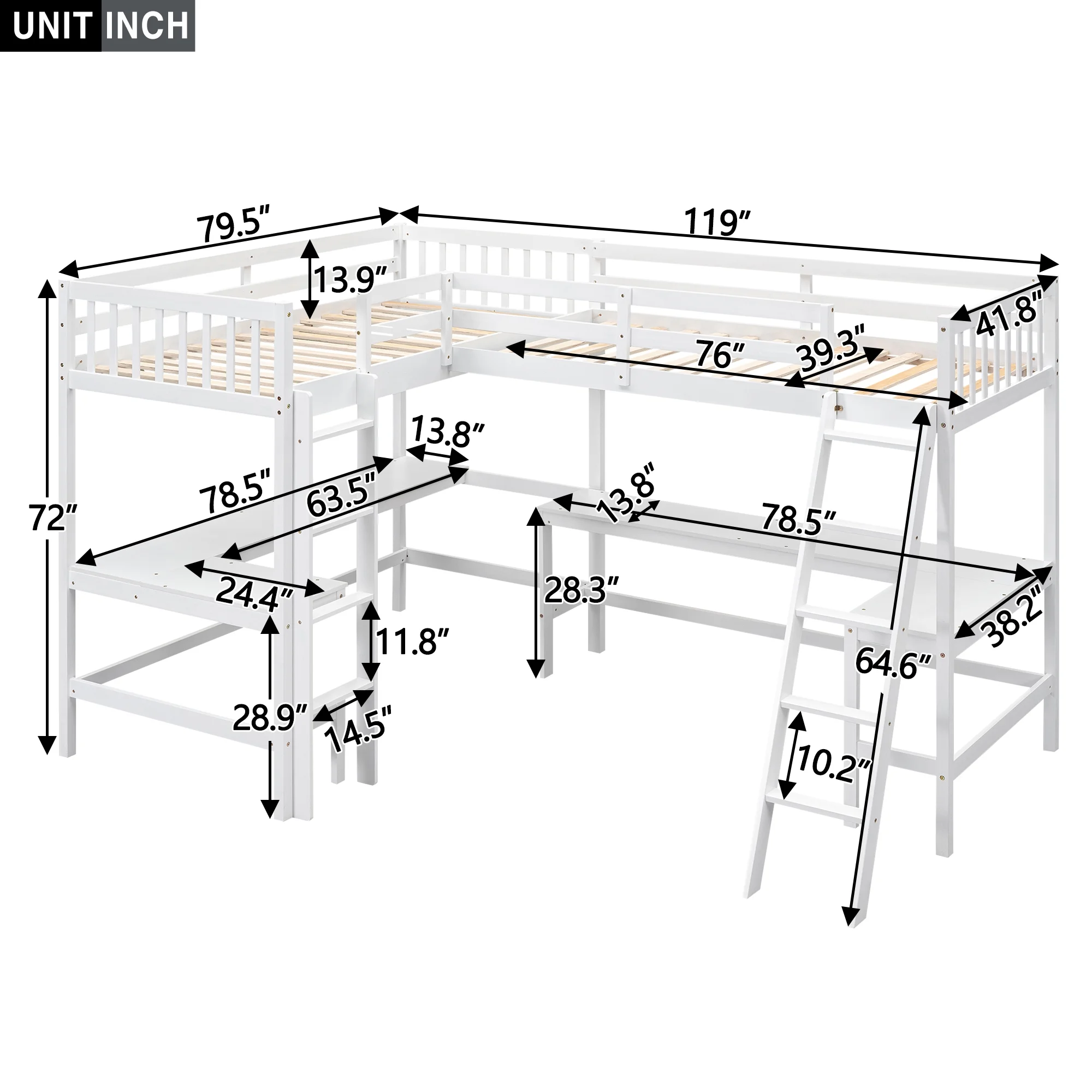 Euroco Twin Size L-Shaped Wood Loft Bed with Built-in Desks, 2-in-1 Loft Bed for Kids Teens Adults, White