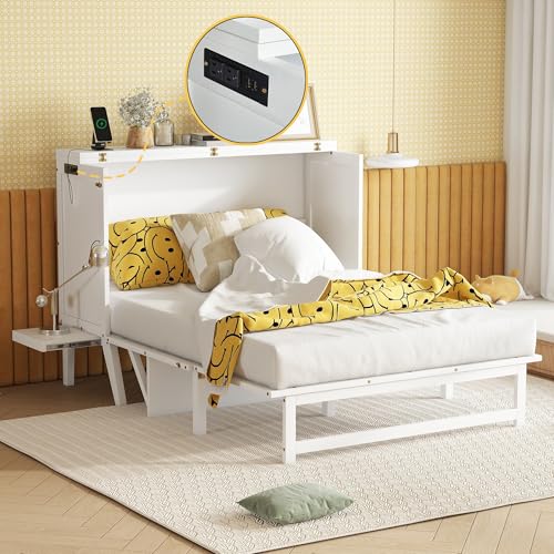 KEIKI Queen Size Cabinet Murphy Bed with Charging Station and Drawer, Multiple Storage Foldable Hideaway Wall Murphy Bed Frame with Solid Slat