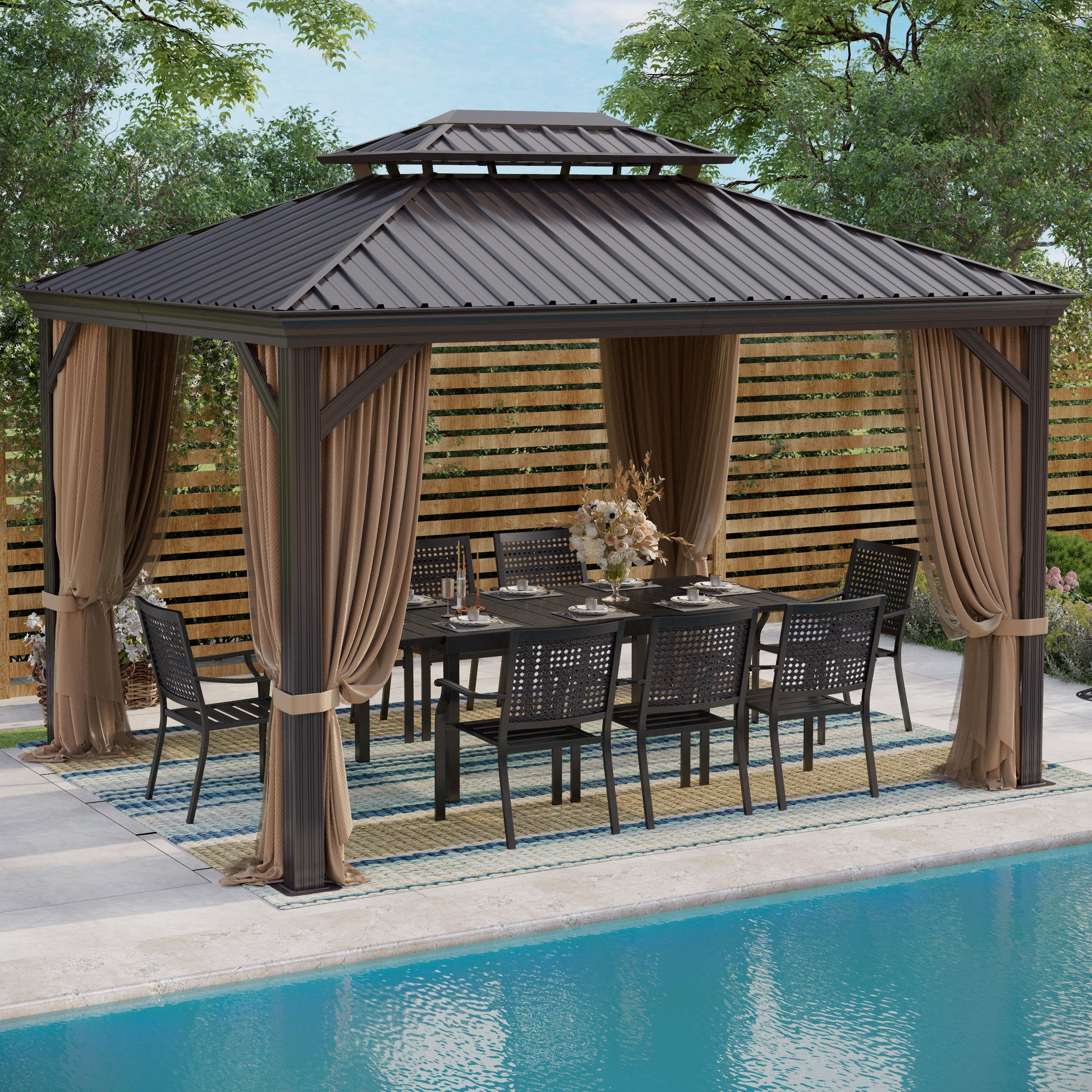 12' x 16' Hardtop Aluminum Permanent Gazebo Canopy with Netting & Curtains 10'x12'