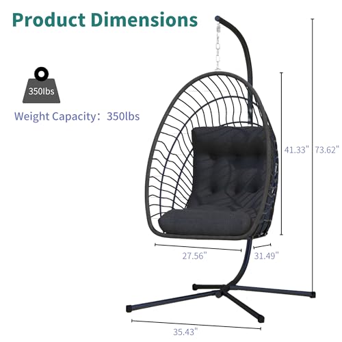 Hanging Egg Chair with Stand Indoor Outdoor, Foldable Rattan Wicker Hammock Egg Swing Chair for Bedroom Porch Patio Garden, Thickened Cushion