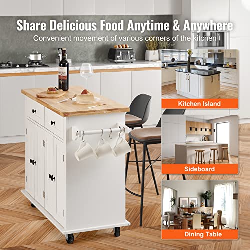 VEVOR Kitchen Island Cart with Solid Wood Top, 35.4" Width Mobile Carts with Storage Cabinet, Rolling Kitchen Table with Spice Rack, Towel Rack