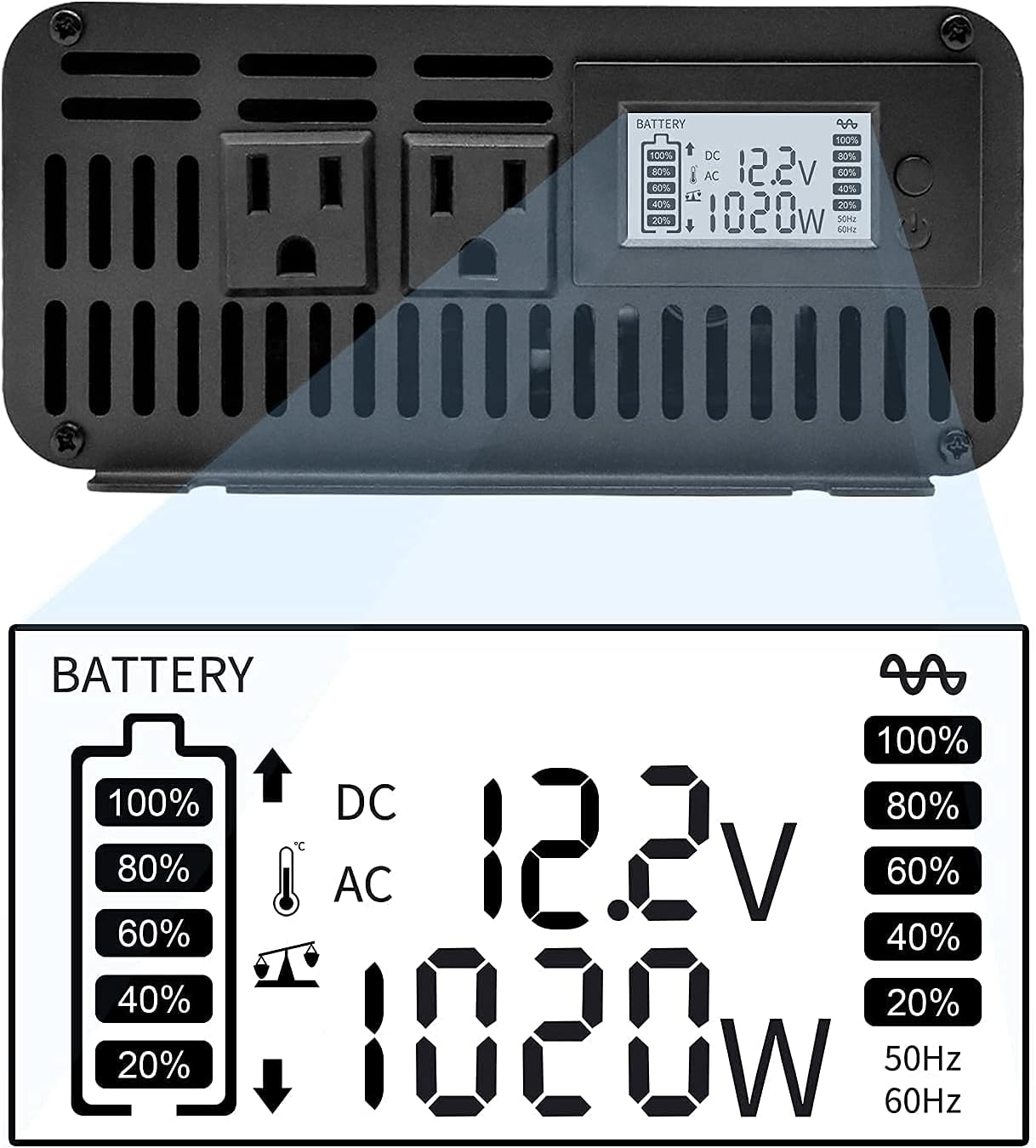 DATOUBOSS 3000W Power Inverter 6000W Peak Pure Sine Wave Inverter 12V DC to 110V AC with Dual AC Outlets & LED Display Car Converter(3000W 12-110V)