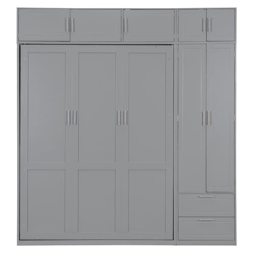 P PURLOVE Wood Twin Murphy Bed with Light and USB, Modern Wall Bed with Top Cabinet and Storage Shelves, Space Saving, No Box Spring Needed (Gray)