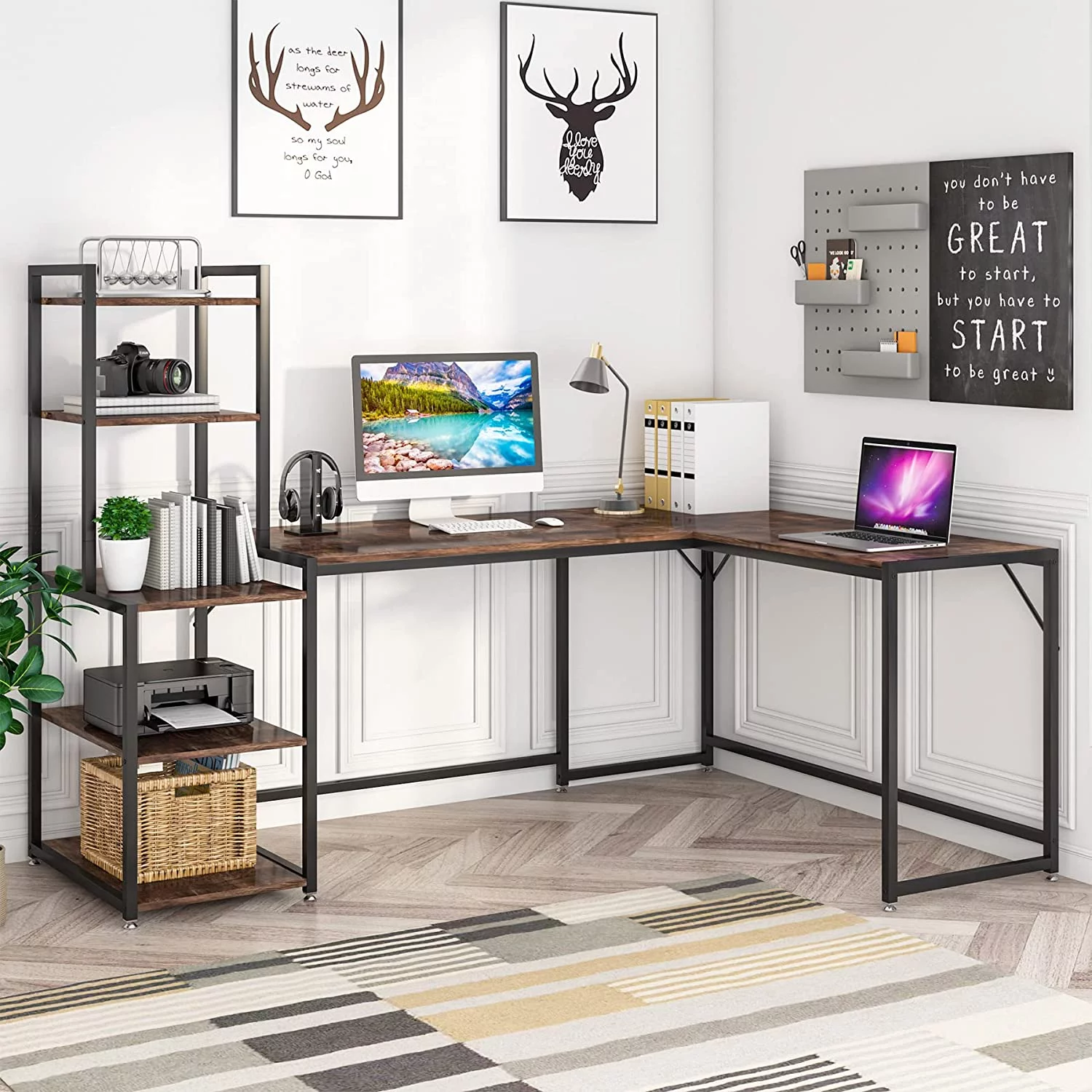 HJZBNONE 79 Inch Reversible L-Shaped Desk  Industrial Large Corner Desk with 5 Tier  Shelves  Large L Desk Home Office Desk Computer Table Writing