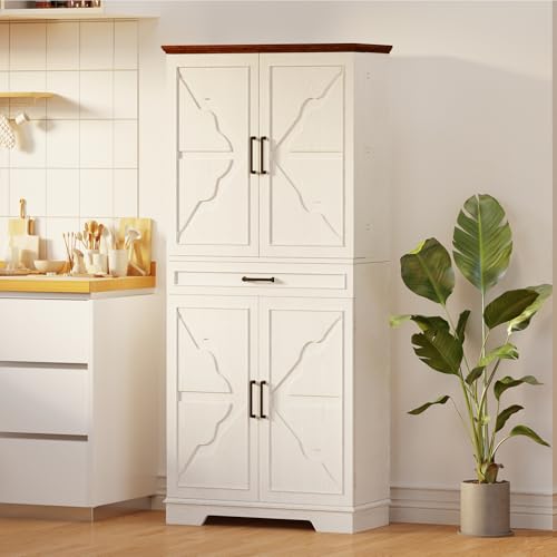 IRONCK Farmhouse Kitchen Pantry Cabinet, 72" Height Tall Freestanding Cupboard with Sliding Storage Rack and 6 Hanging Shelves for Kitchen