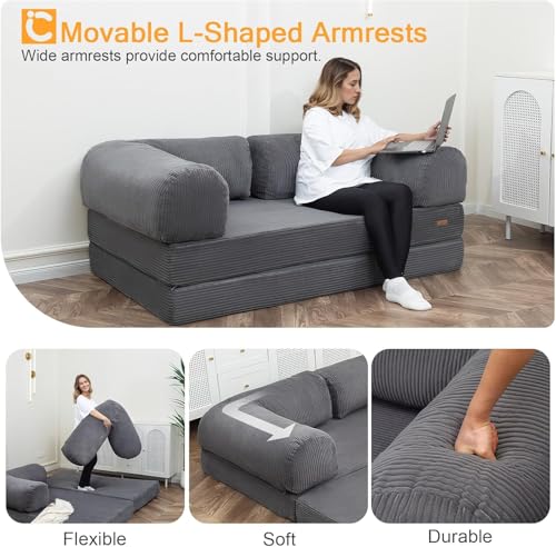 COMAX Folding Sofa Bed, Convertible Chair Bed Corduroy 3-in-1 Foldable Floor Couch with High-Density Foam, Futon Sofa Sleeper Mattress