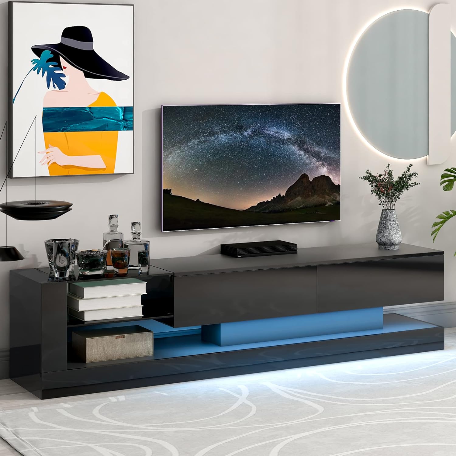 CITYLIGHT High Gloss TV Stand with LED Lights and 2 Media Storage Cabinets, Modern High Gloss Entertainment Center for 75 Inch TV