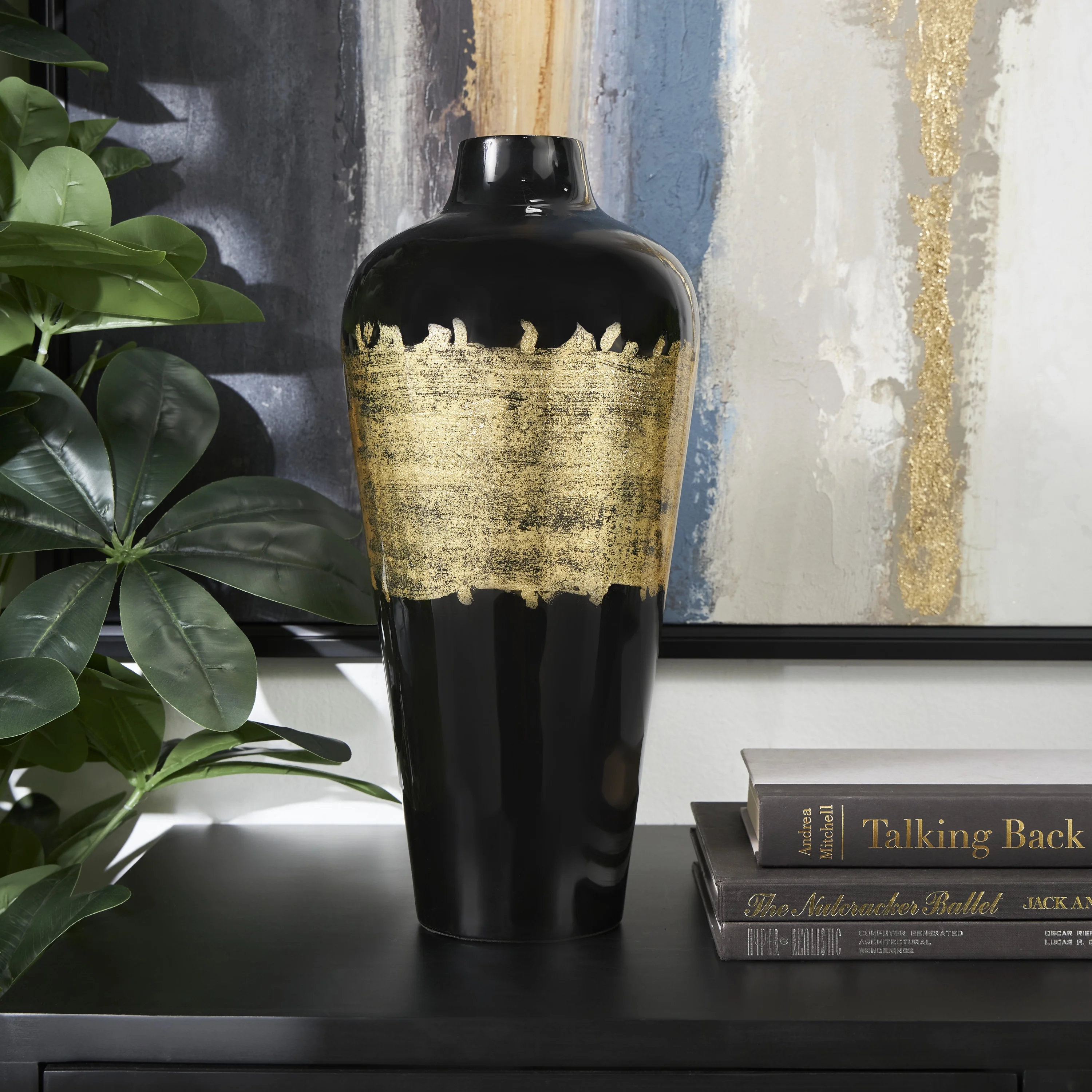 DecMode 16" Abstract Black Metal Vase with Gold Detailing