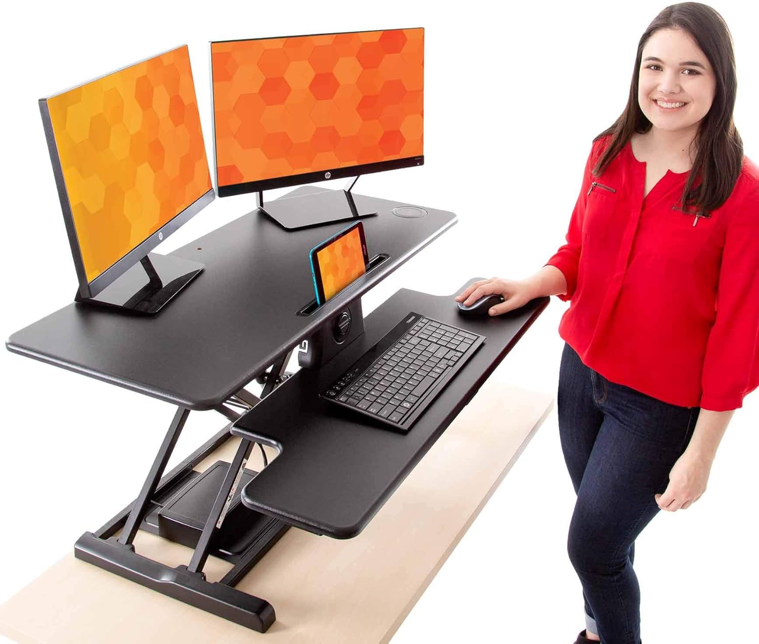 Stand Steady Flexpro Hero Power | Electric Standing Desk Converter/Desk Riser with Wireless Charging | Turns Any Desk into a Sit to Stand Up Desk |