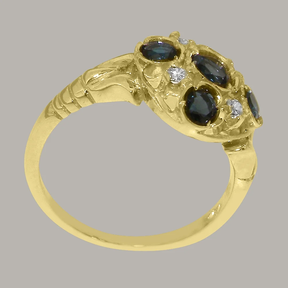 LBG British Made 14k Yellow Gold Natural London Blue Topaz & Diamond Womens Statement Ring - 33 size options - Size 10
