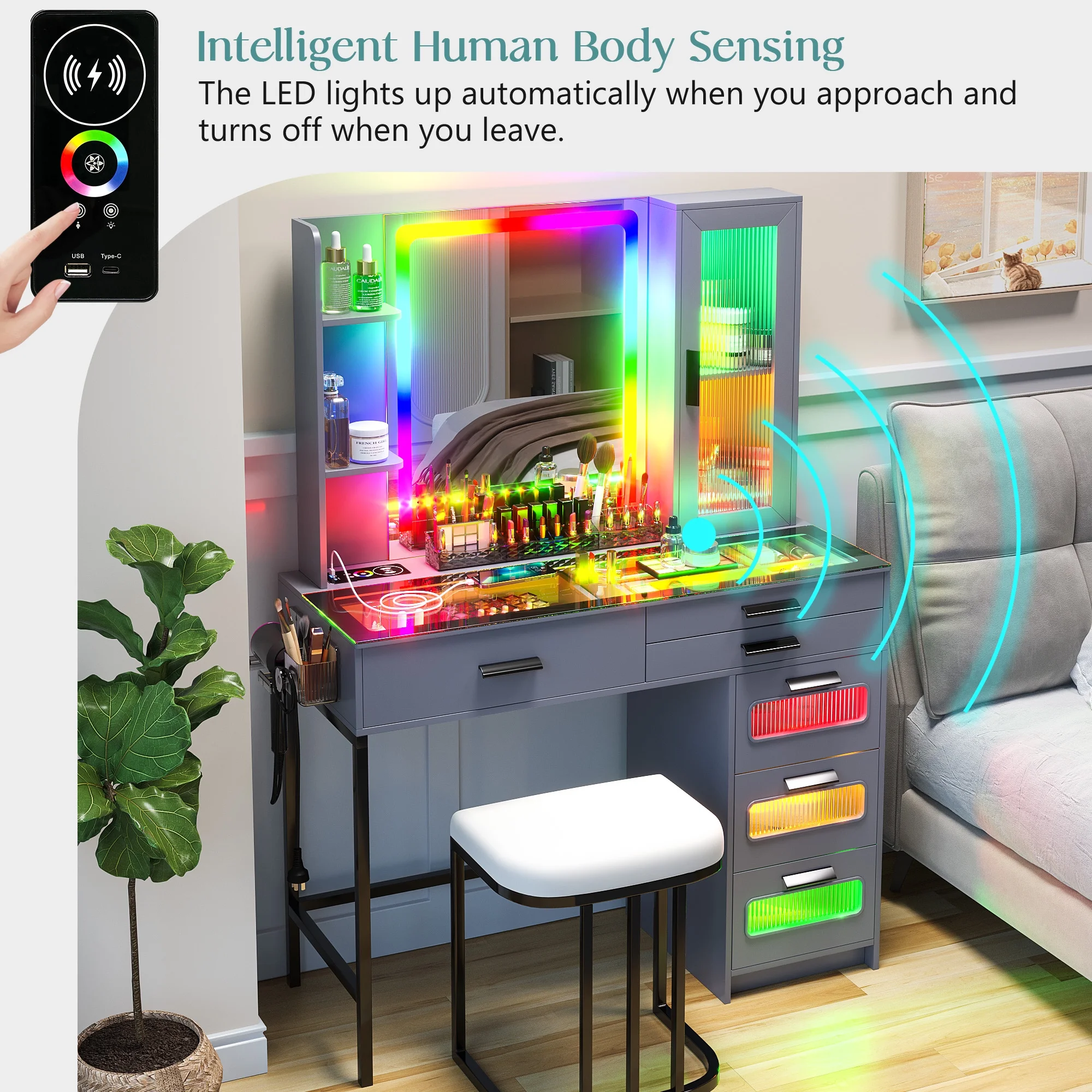 HNEBC RGB Vanity Desk with Lights, Glass Top Makeup Desk with Wireless Charging Station, Dressing Table Set with Stool/6 Drawers