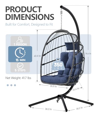 SWITTE Egg Chair Outdoor with Stand, Indoor Wicker Hanging Egg Swing Chair with Cushion, 350lbs Capacity for Patio, Bedroom, Garden - Gray