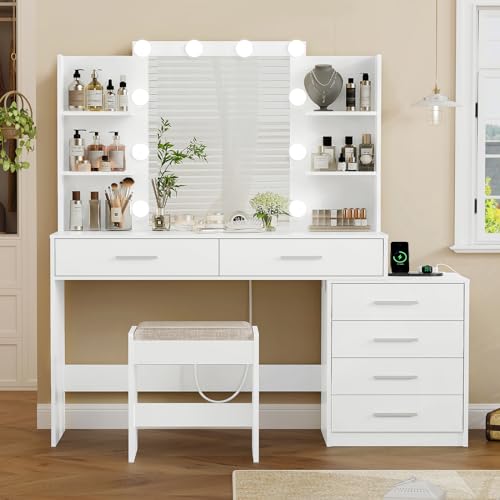 Quimoo Large Vanity Desk with LED Lighted Mirror & Power Outlet,Makeup Vanity Table with 7 Drawers,4 Shelves and 5 Hooks,Vanity Table