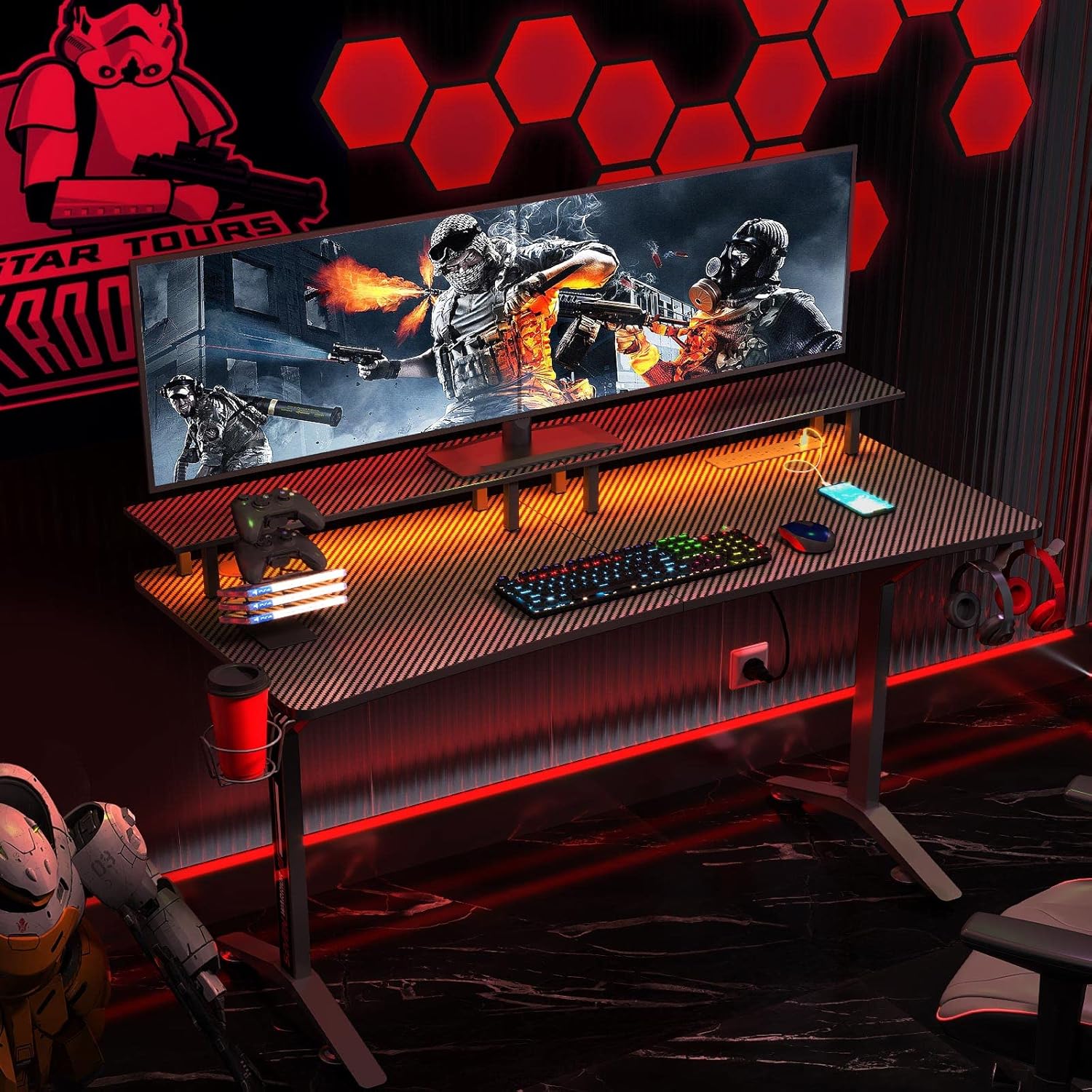 SEVEN WARRIOR Gaming Desk 55INCH with LED Strip & Power Outlets,Carbon Fiber Surface Computer Gamer Desk with Full Desk Mouse Pad