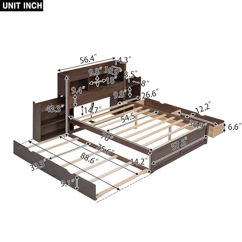 Full Size Storage Bed with Bookcase Headboard and Trundle, Wood Platform Bed Frame with Charging Station