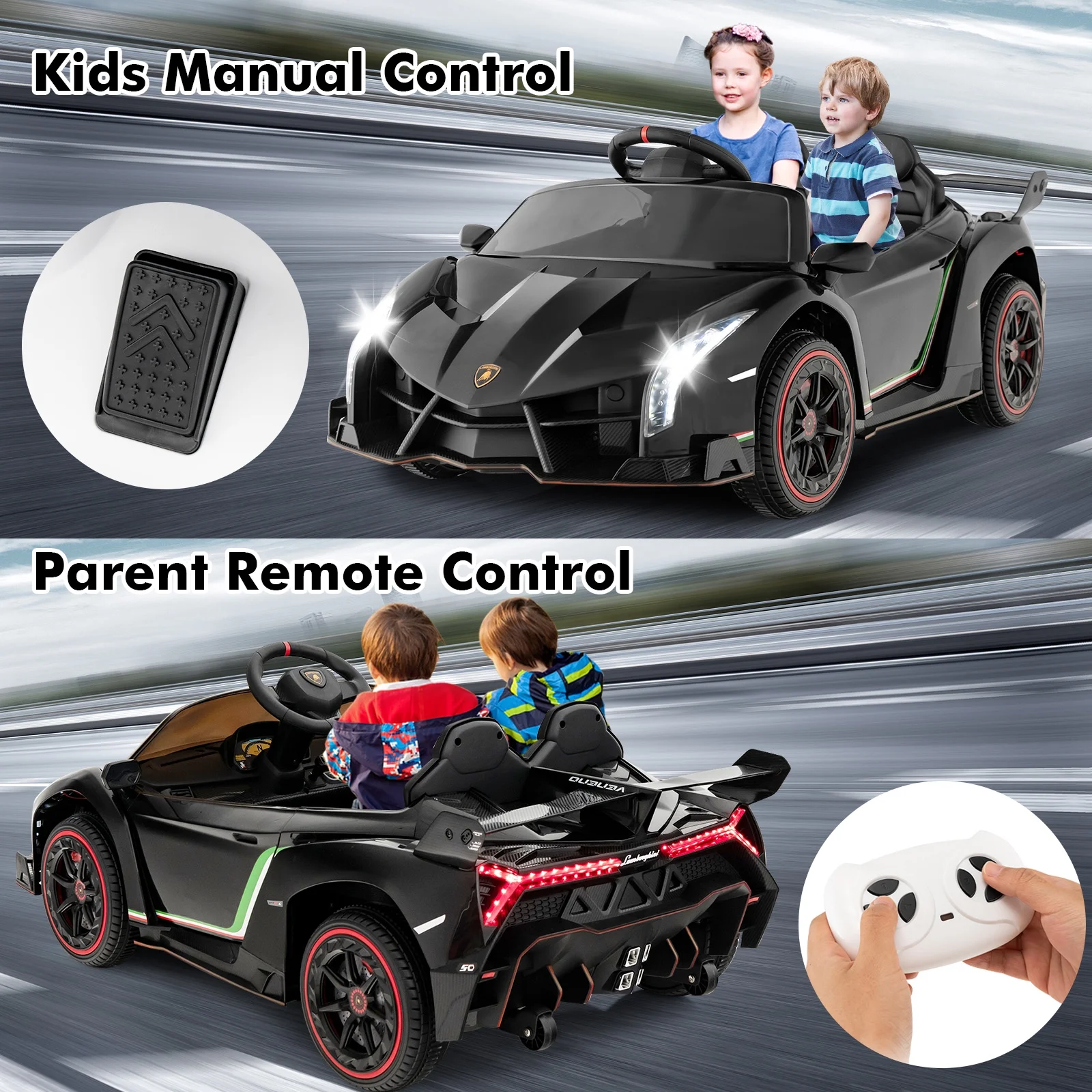 OLAKIDS 2 Seater Kids Ride on Car, 12V 4WD Licensed Lamborghini Veneno Powered Electric Vehicle with Hydraulic Doors, Rocking Mode, Adjustable Speeds