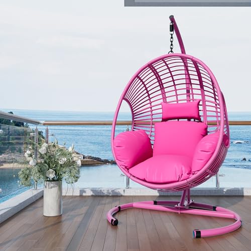 Oversized Hanging Egg Chair Outdoor Indoor, Wicker Swing Egg Chair with Stand 400lbs Capacity for Bedroom, Patio, Garden and Balcony (Beige-nest