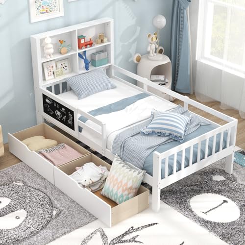 Giantex Full Bed with 2 Storage Drawers, Solid Wood Kids Bed Frame w/Bookcase Headboard & Blackboard, Full-Length Guardrails & Wooden Slats Support