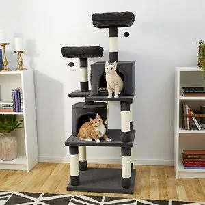 Frisco 61-in Faux Fur Cat Tree u0026 Condo, Dark Charcoal