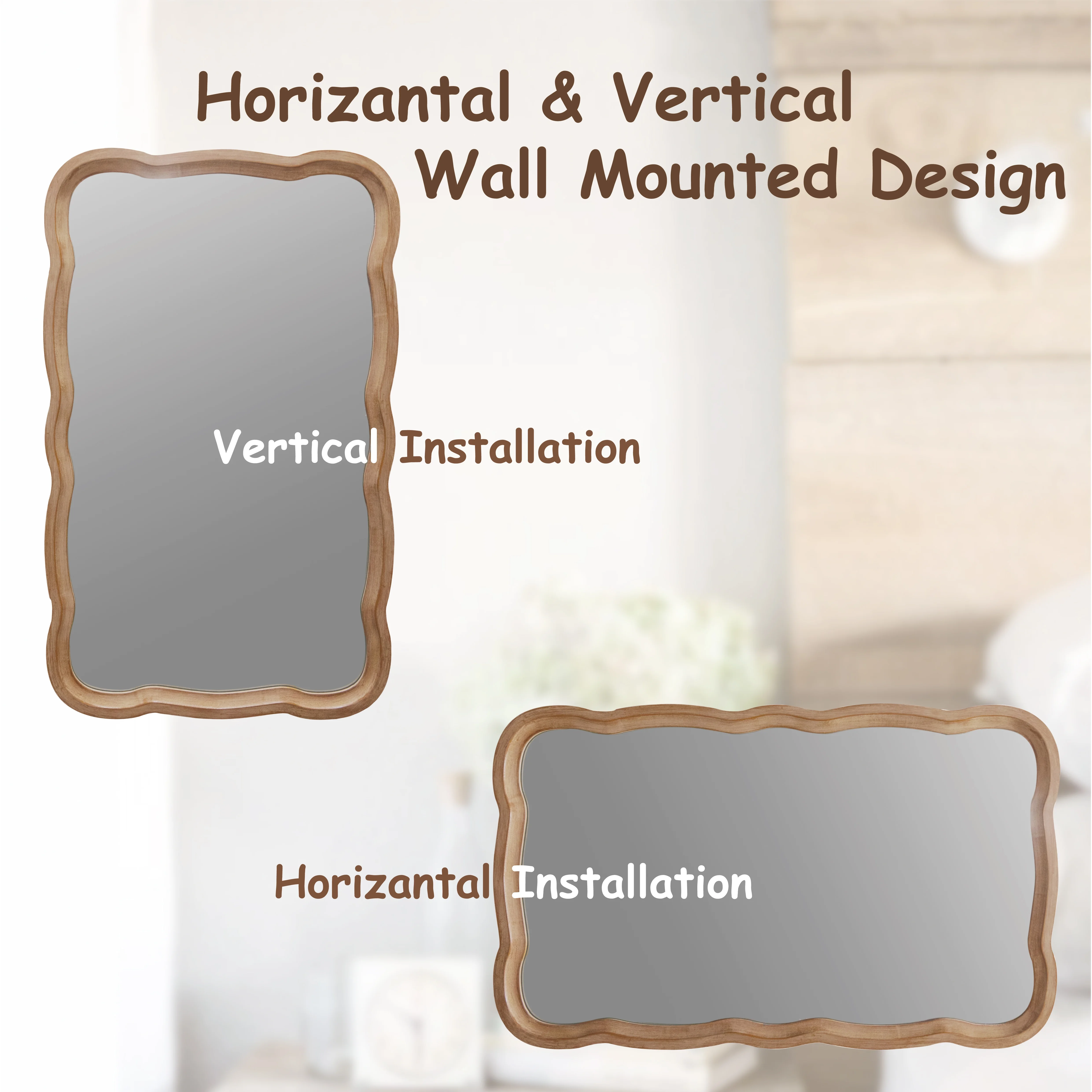 COZAYH Curved Wood Frame Accent Mirror, Farmhouse French Country Decorative Wall Mirror, Rectangle 23.5" L x 38" W, Natural