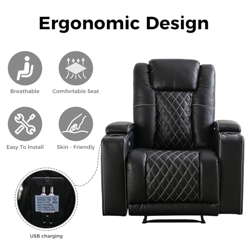 Electric Recliner Chair, Soft Leather Reclining Home Theater Seating with USB Ports, Cup Holders Hidden Arm Storage