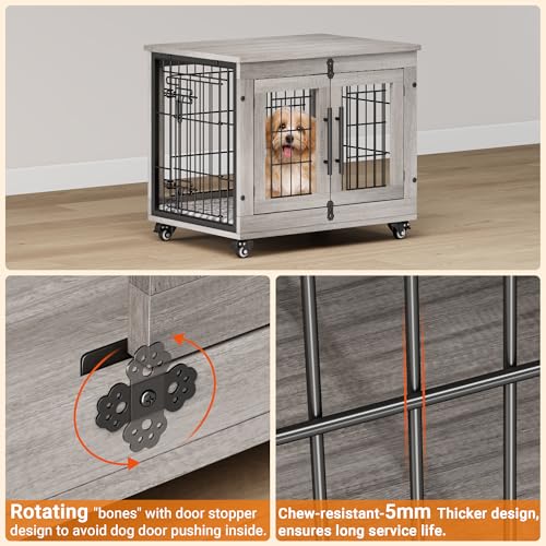 Lulive Dog Crate Furniture for Medium Dogs, 32'' Dog Kennel Indoor with Cushion & Wheels Wooden Dog Cage Double Doors Dog Crate End Table, Grey
