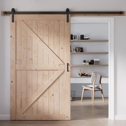FREDBECK 48in x 80in Sliding Wood Barn Door with 8FT Barn Door Hardware Kit Included K Shape Solid Spruce Panel Sliding Door Double Surfaces Need to