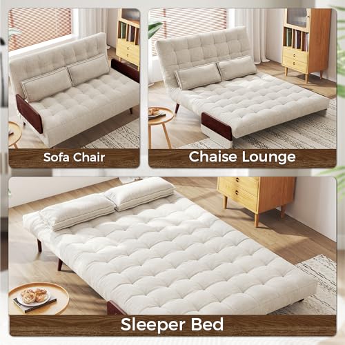 3-in-1 Convertible Chair Bed Sleeper for Adults, Linen Convertable Sleeper Chair with Wooden Arms & Pillows