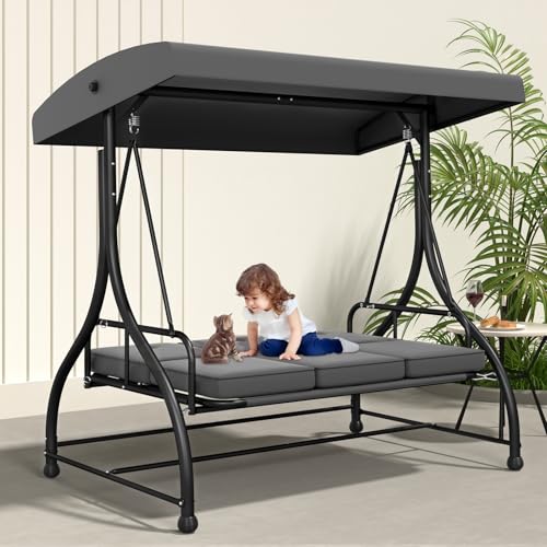 3-Seat Outdoor Porch Swing Glider with Adjustable Canopy, Patio Swings Bed with Removable Cushion for Porch, Backyard, Garden, Poolside, Balcony