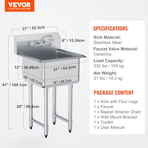 VEVOR Stainless Steel Prep & Utility Sink, 1 Compartment Free Standing Small Sink Include Faucet & legs