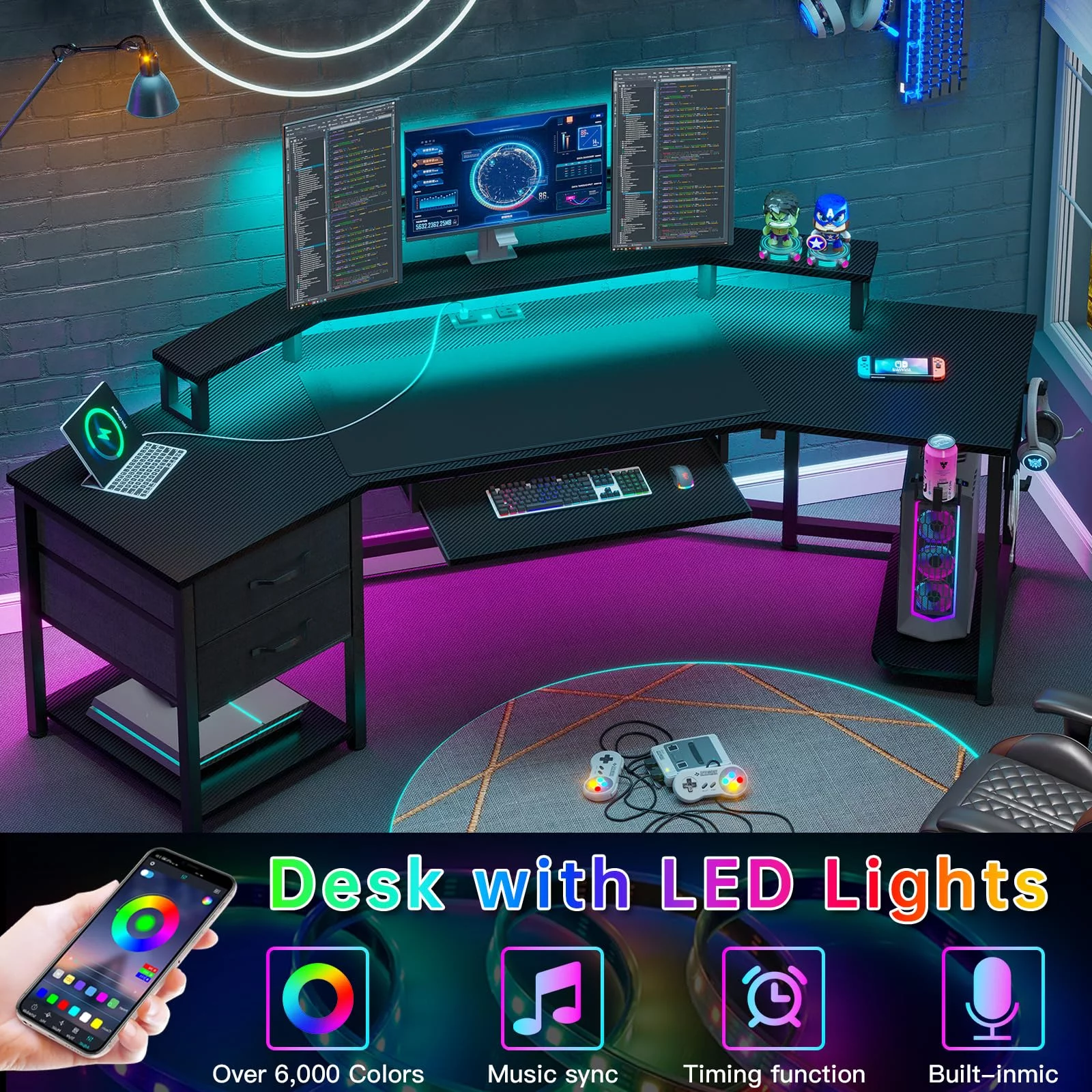 79" Gaming Desk with LED Lights&Power Strip&2 Fabric Drawers, Modern L Shaped Computer Desk for Home Office with Storage Shelf&Keyboard Tray, Black