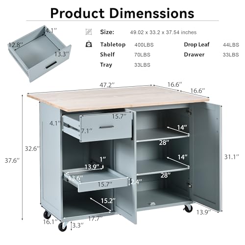 55.7'' Large Kitchen Island with 2 Drop Leaf, Rolling Kitchen Cart on 5 Wheels with Power Outlet