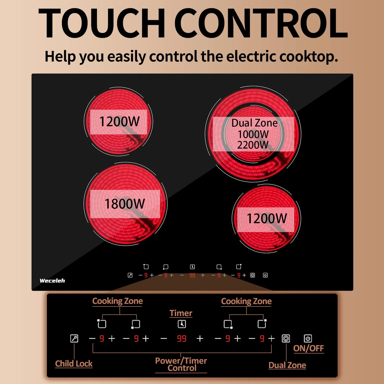 Weceleh 30" Electric Cooktop,4 Burners Built in Ceramic Stove,Electric Stove Top 6400W