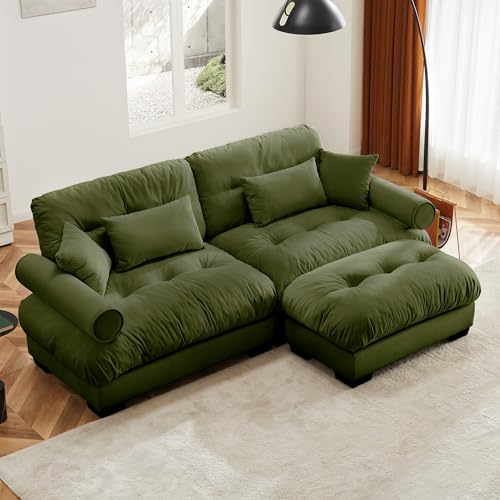 130" Modular Sectional Sofa,Velvet Upholstered Couches for Living Room,3 Seater Green Sofa Couch with Movable Ottoman