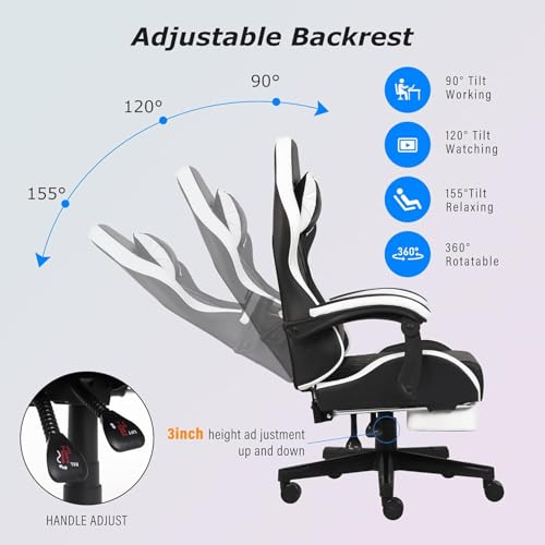 Gaming Chair, Computer Office Chair with Footrest, Linkage Armrests and Lumbar Support, High Back Ergonomic Gamer Chairs for Adults, Blue Fabric