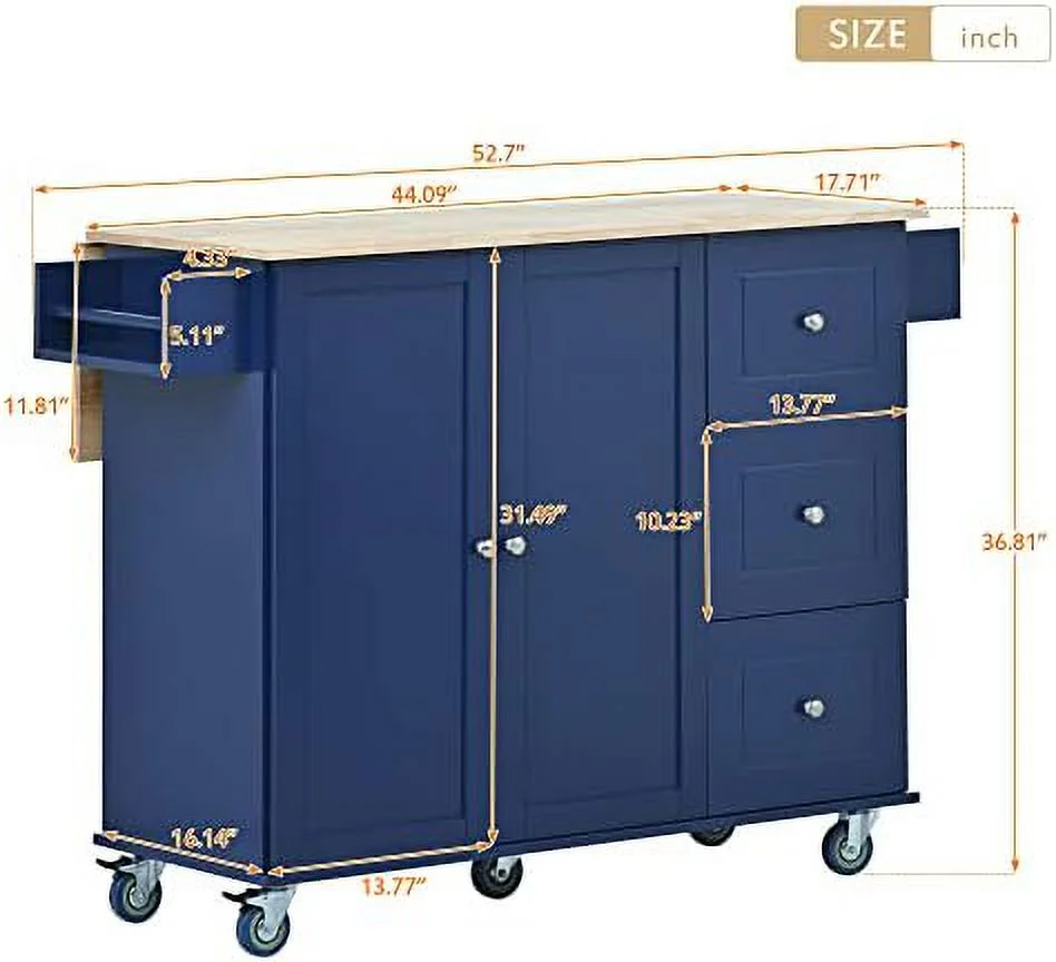 JYHOME Rolling Kitchen Island Cart with Folding Drop Leaf and  Cabinets  Kitchen Cart on Wheels with Spice Rack  Towel Rack and 3 Drawers  Dark Blue