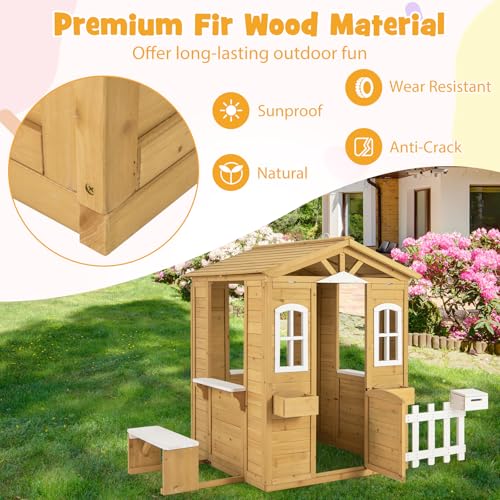 Costzon Outdoor Playhouse, Fir Wood Patio Pretend Play Center w/Bench, Mailbox, Fence, Serving Stations, Flowerpot Holders, Windows & Door