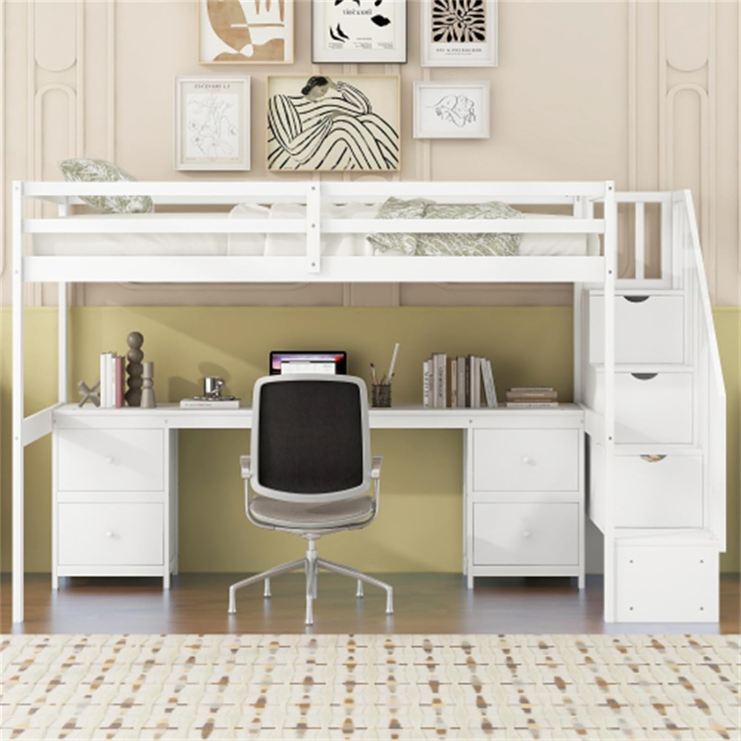 Simple double loft bunk bed frame with built-in desk and double storage drawers, with ladder fence, white