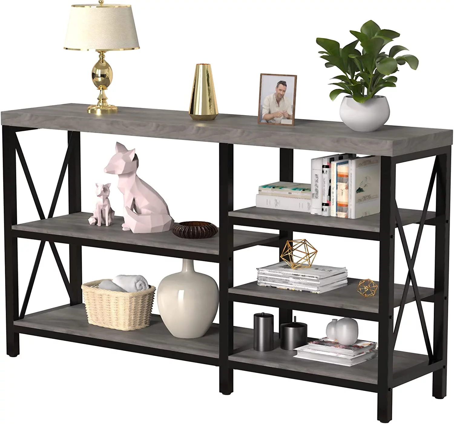 Duerer 5-Tier Console Table for Entryway, Industrial Sofa Table Narrow Storage Shelves for Living Room, Hallway, Gray