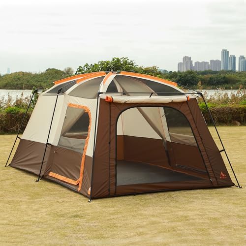 KTT Extra Large Tent 10-12-14 Person(Style-B),Family Cabin Tents,2 Rooms,3 Doors and 3 Windows with Mesh,Straight Wall,Waterproof,Double Layer