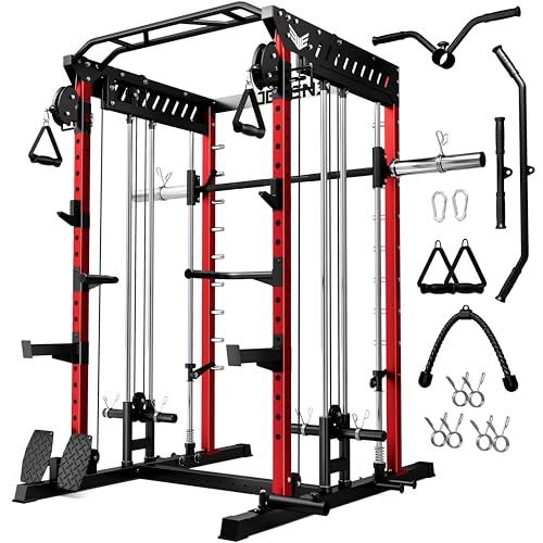 M21 Smith Machine, Multi-Function Power Cage with Dual Pulley Cable Crossover System, 2000LBS All-in-One Squat Rack with Smith Bar and Attachments