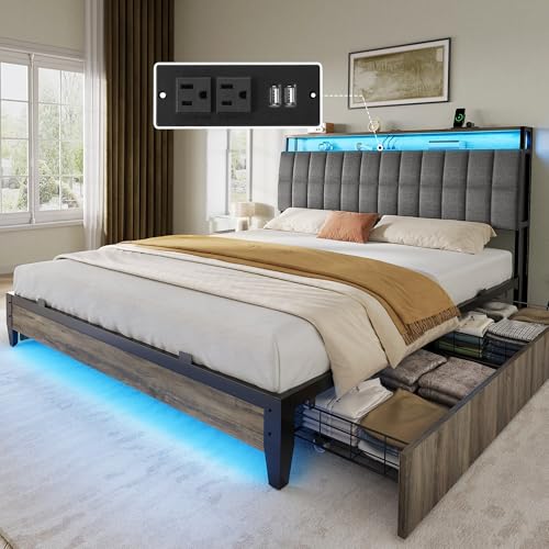 YITAHOME Queen Size Bed Frame with RGB LED Lights and 4 Drawers, Upholstered Platform Bed with Charging Station and Storage Headboard