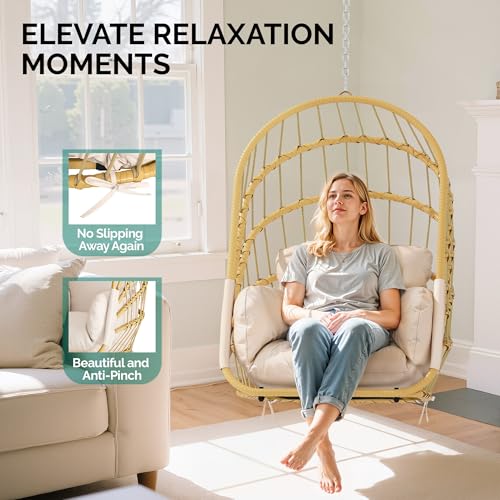 YITAHOME Hanging Egg Chair Without Stand, Rattan Wicker Swing Egg Chair with Light String & Resistant Cushion, 300lbs Capacity