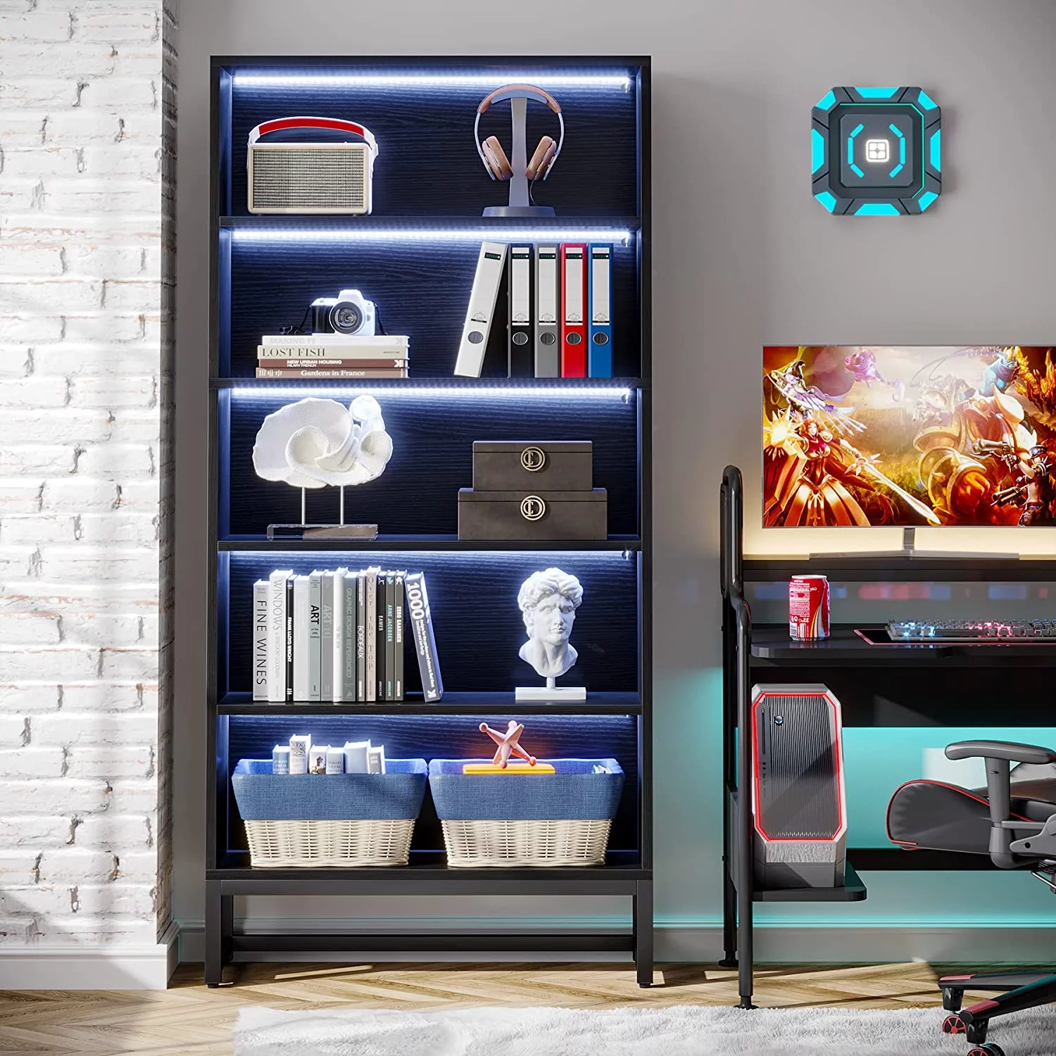 Tribesigns 5 Shelf Bookcase with Led Lights, Freestanding Display Organizer Shelving Unit for Home Office, Black