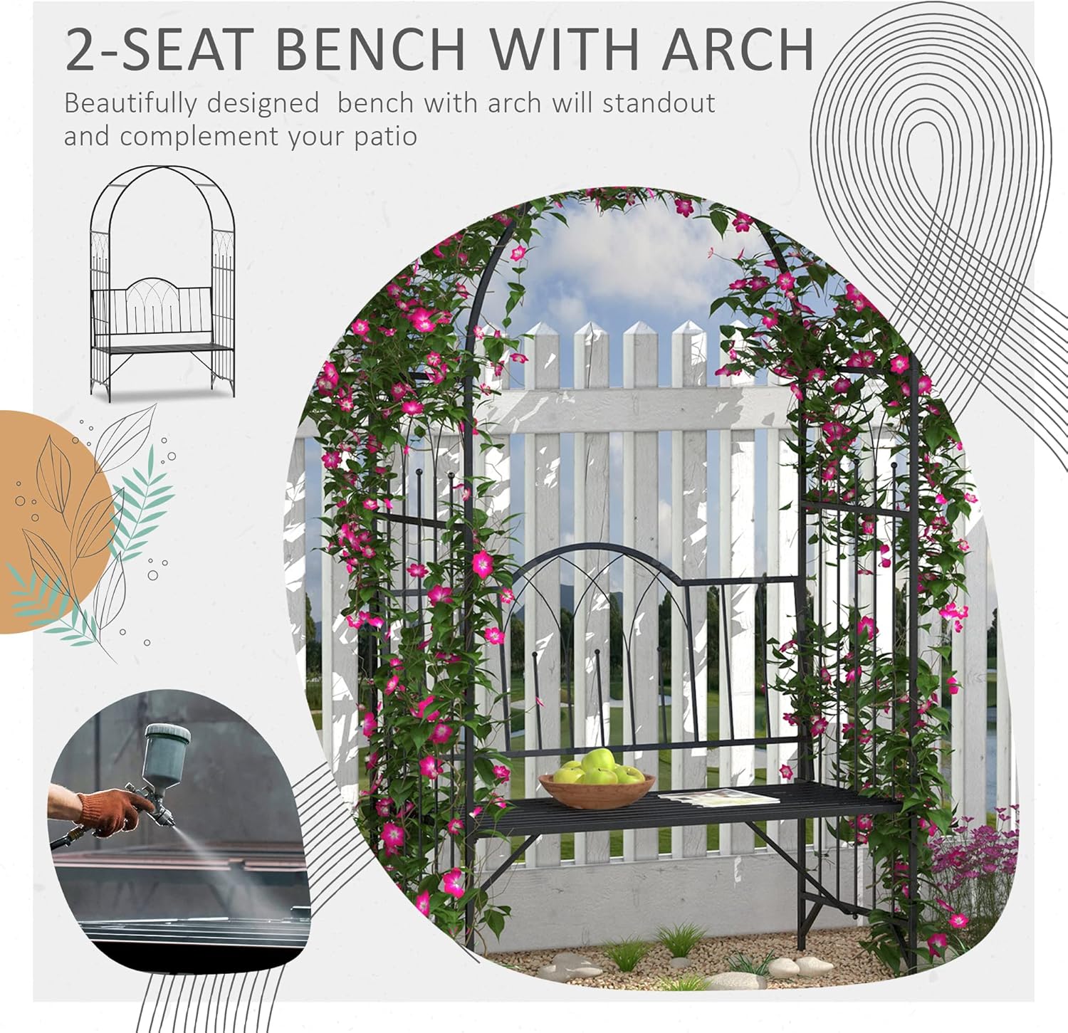 Outsunny Metal Trellis Arbor Arch for Climbing Plants with Garden Bench, Grow Grapes & Vines