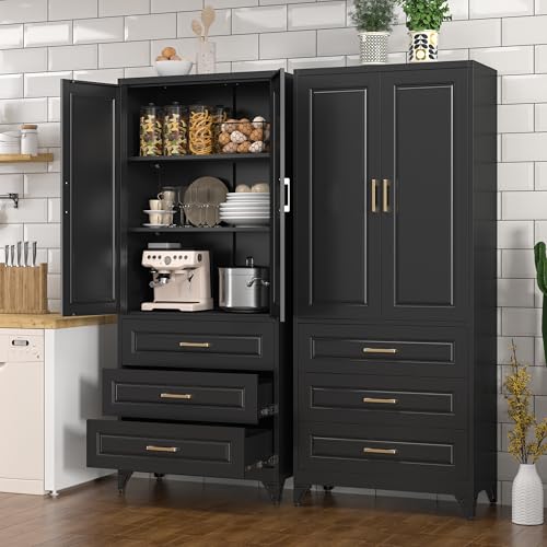 Pantry Cabinet, 71 Inch Tall Kitchen Storage Cabinet, Metal Pantry Cabinet with Doors and Adjustable Shelves, Black Food Cupboard