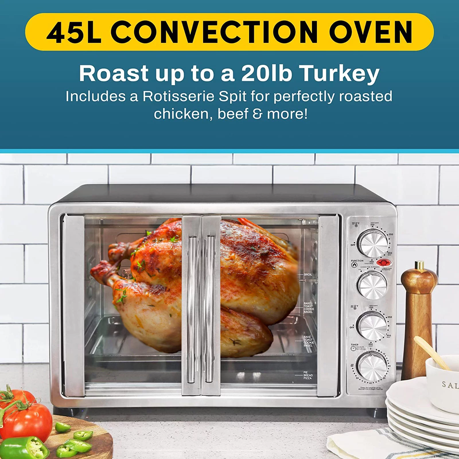 18-Slice Countertop Convection Oven - With 4-Control Knobs - Bake Broil Toast Rotisserie (Stainless Steel)