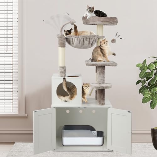 Cat Tree with Litter Box Enclosure, 2-in-1 Cat Tower for Indoor Cats, Large Wood Cat Condo with Basket, Scratching Posts, Pompoms, Rustic Brown