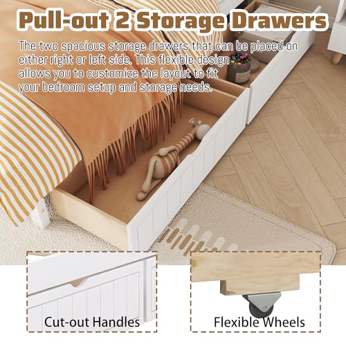 Twin Size Platform Bed with Bookcase Headboard, USB Charging Station and Downlight,Wood Twin Capatain Bed Frames with 2 Storage Drawers