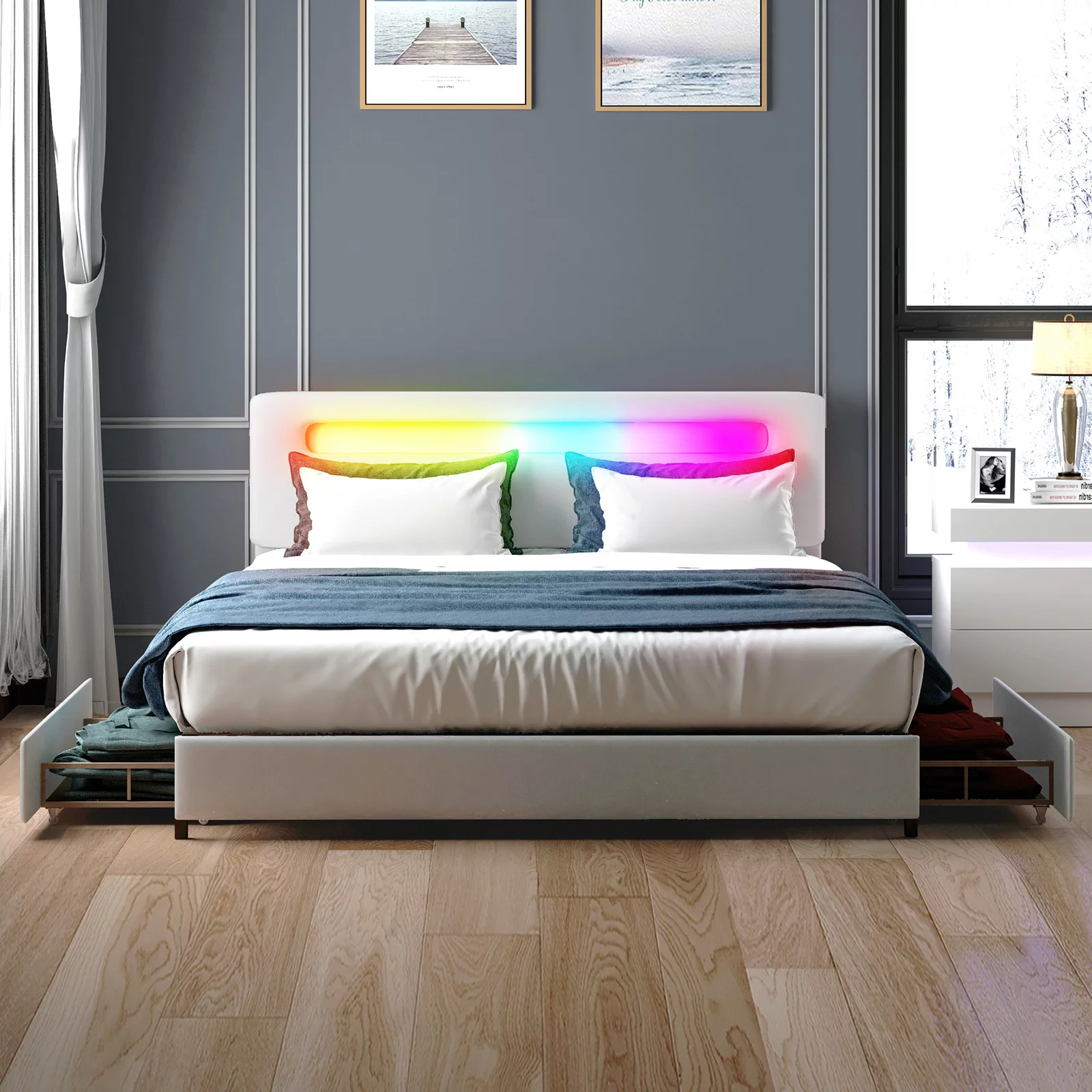 Mjkone King Bed Frame with 4 Storage Drawers, RGB LED Bed Frame with Adjustable Headboard by App Control, Works with Alexa